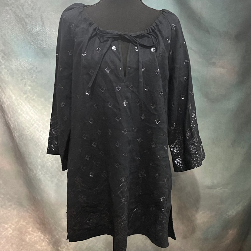Lafayette 148 New York Black Linen Sequin Embroidered Tunic Tie Neck Top 6